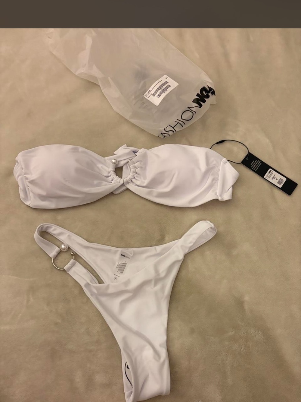 Fashion Nova White Pearl-Accent Bandeau Bikini Set